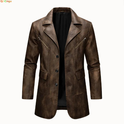 A men's brown faux-leather blazer jacket with a distressed finish, featuring a notch lapel, three front buttons, and zippered chest pockets, displayed on a white background.
