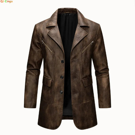 A men's brown faux-leather blazer jacket with a distressed finish, featuring a notch lapel, three front buttons, and zippered chest pockets, displayed on a white background.