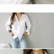 Photo collage of the white button-down shirt showing a bed scene, a standing shot, and a close-up.