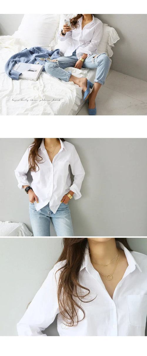 Photo collage of the white button-down shirt showing a bed scene, a standing shot, and a close-up.