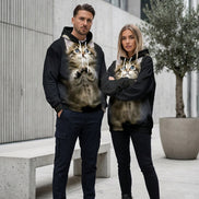 A black pullover hoodie featuring a large, realistic 3D-printed graphic of a fluffy brown tabby kitten with blue eyes on the front, 