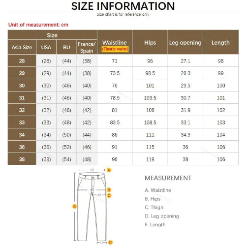 Size chart for pants with measurements in centimeters