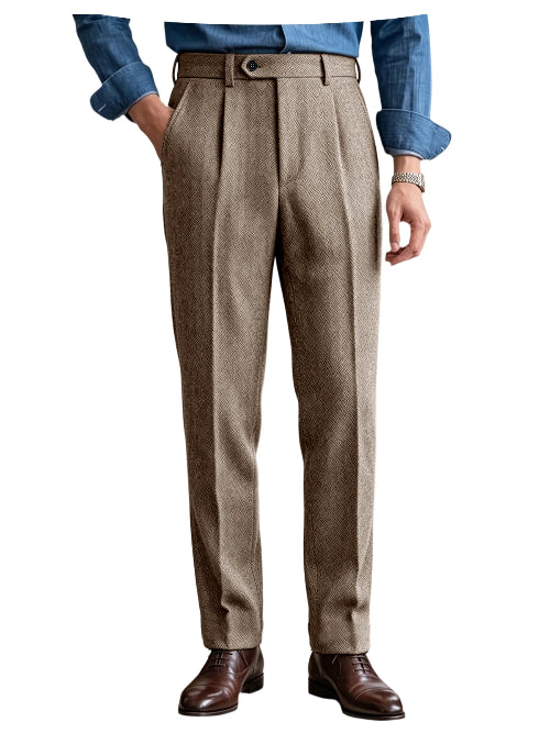 Light camel herringbone pleated suit trousers shown on a white background