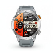 Smartwatch with gray band and colorful display, featuring various functions on a white background.