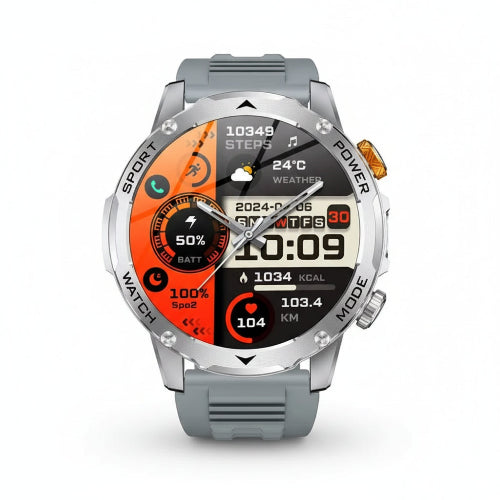 Smartwatch with gray band and colorful display, featuring various functions on a white background.
