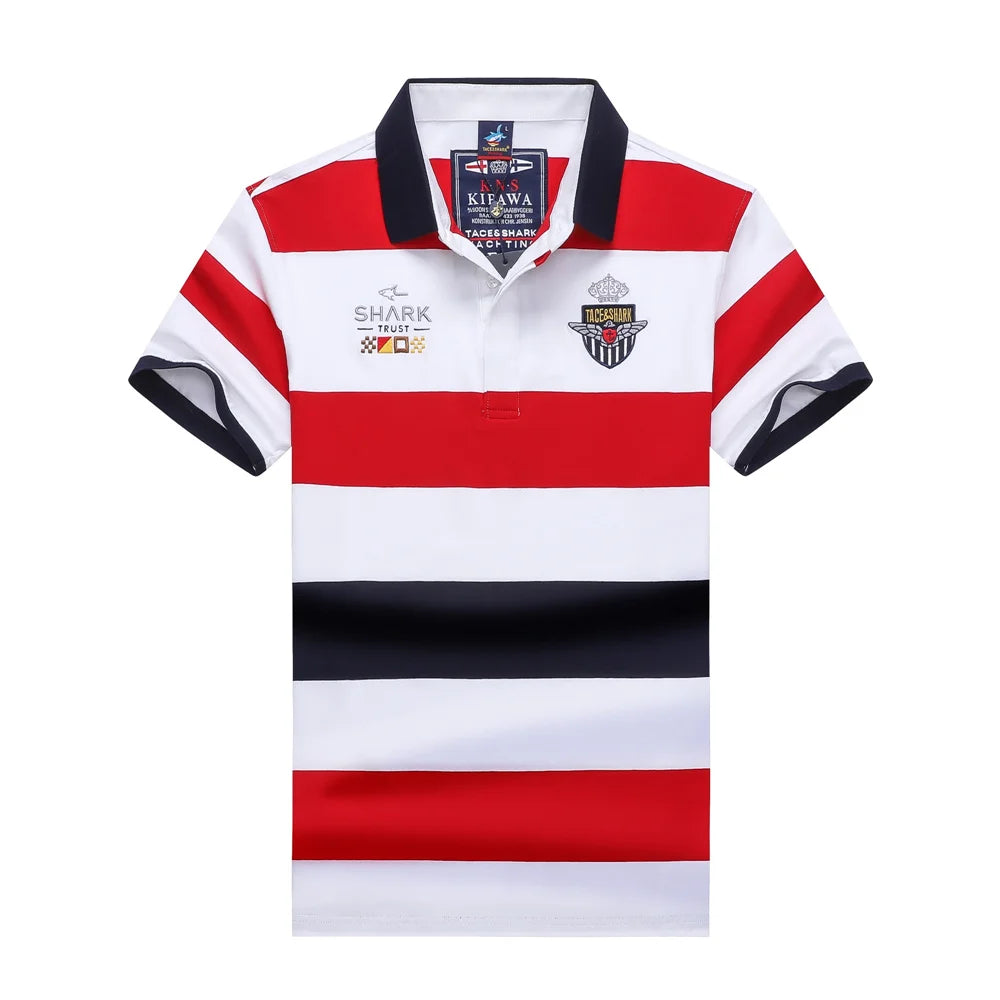Red, white, and black striped polo shirt with brand logos on a white background