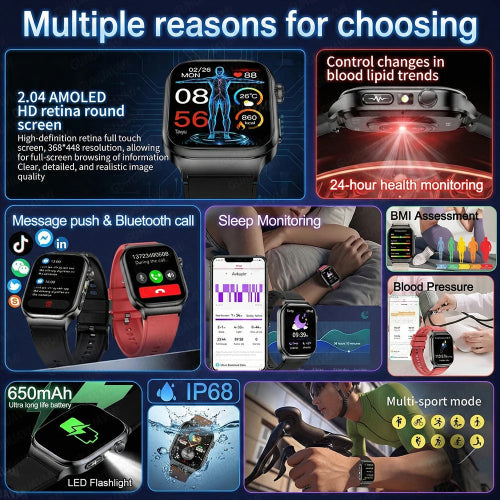 Smartwatch with various features and applications displayed on a blue background
