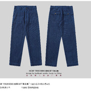 Front and back views of indigo OG107 fatigue pants with English and Chinese product text on a gray background.