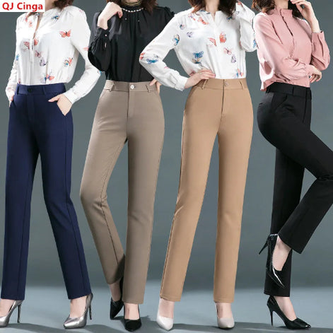 Four women modeling straight-leg trousers in navy blue, beige, tan, and black, paired with butterfly-print and solid blouse tops. The brand name 'QJ Cinga' 