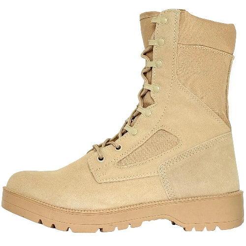 Tan military boot with laces on a white background