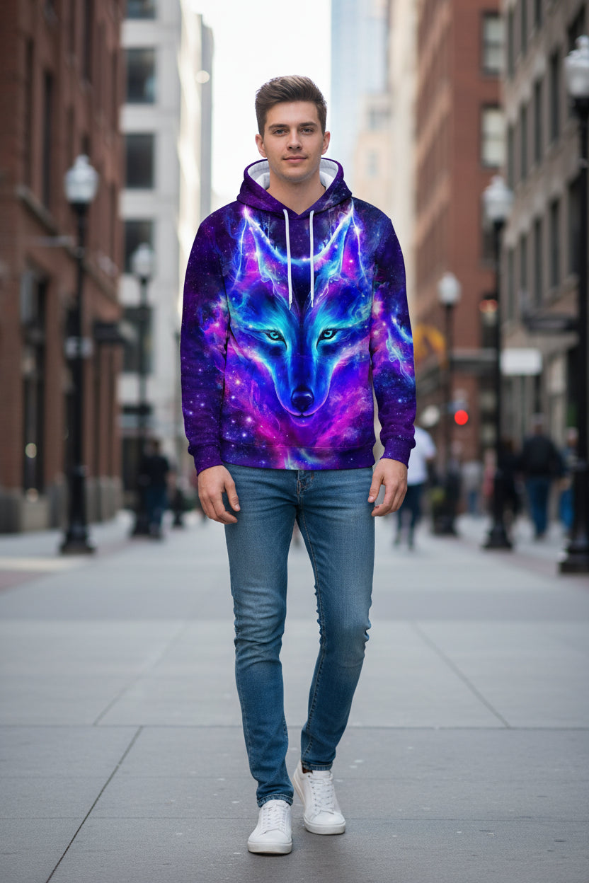 Hoodie with a galaxy-themed wolf design on a white background