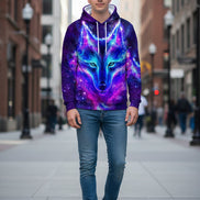 Hoodie with a galaxy-themed wolf design on a white background