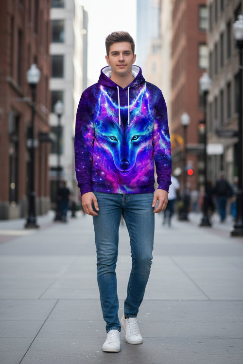 Hoodie with a galaxy-themed wolf design on a white background