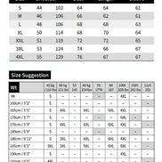 Size chart for clothing with measurements in centimeters