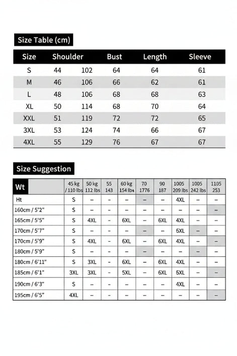 Size chart for clothing with measurements in centimeters