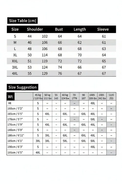 Size chart for clothing with measurements in centimeters