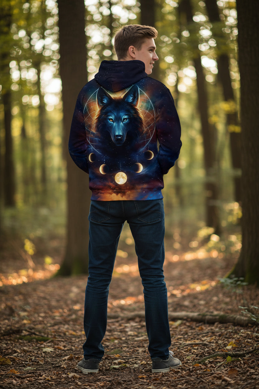 Hoodie with a wolf and moon design on a starry background