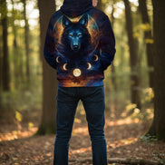 Hoodie with a wolf and moon design on a starry background