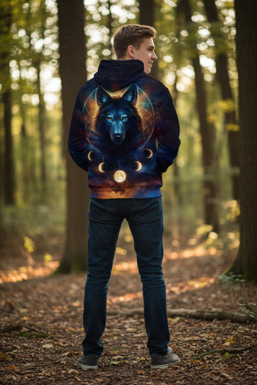 Hoodie with a wolf and moon design on a starry background