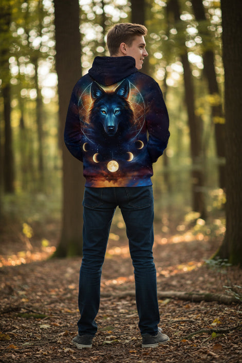 Hoodie with a wolf and moon design on a starry background