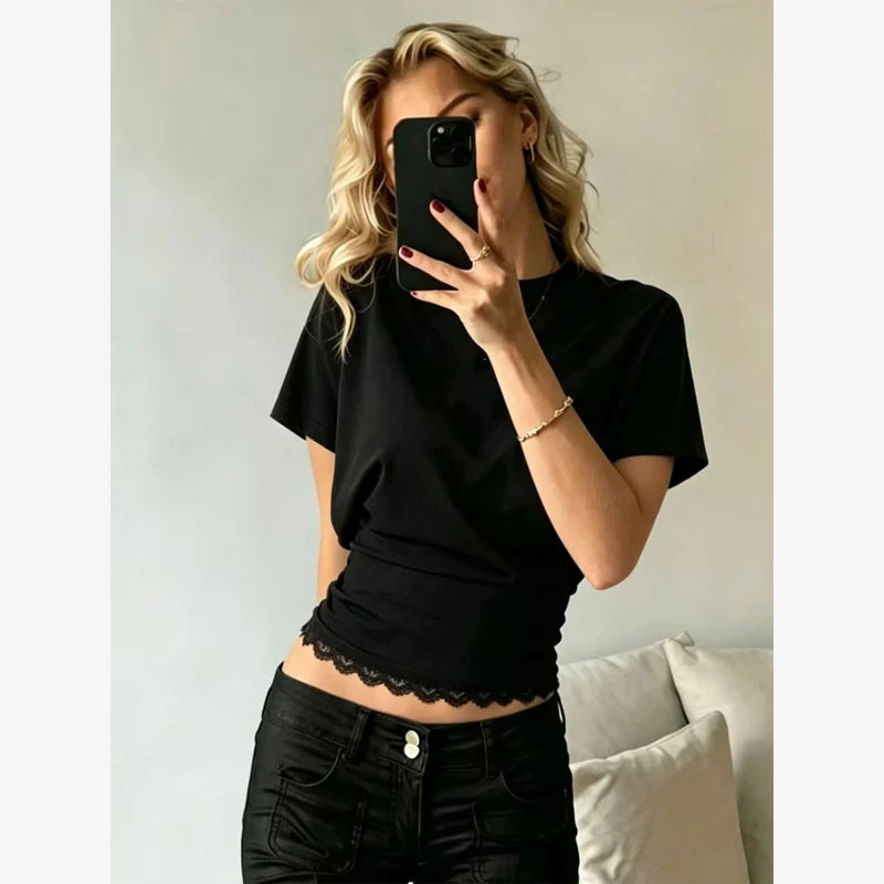 Versatile Regular-shoulder T-shirts Women Casual White Round Neck Irregular Hem Pleated Short Top Summer Lady Street Wear New