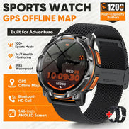 A rugged sports watch with a black mesh band and metallic silver and orange casing, shown on a white background with promotional text and feature callouts 