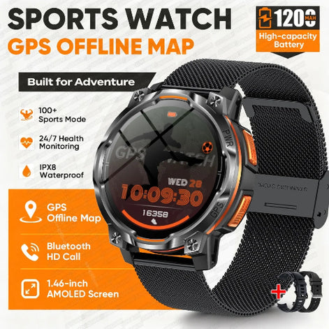 A rugged sports watch with a black mesh band and metallic silver and orange casing, shown on a white background with promotional text and feature callouts 