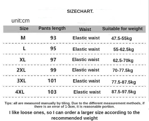 A size chart table showing measurements in centimeters for pants sizes M, L, XL, 2XL, 3XL, and 4XL, 