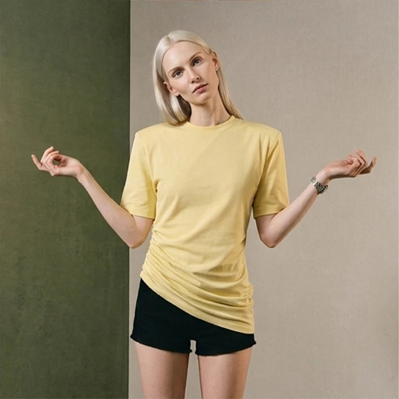 Versatile Regular-shoulder T-shirts Women Casual White Round Neck Irregular Hem Pleated Short Top Summer Lady Street Wear New