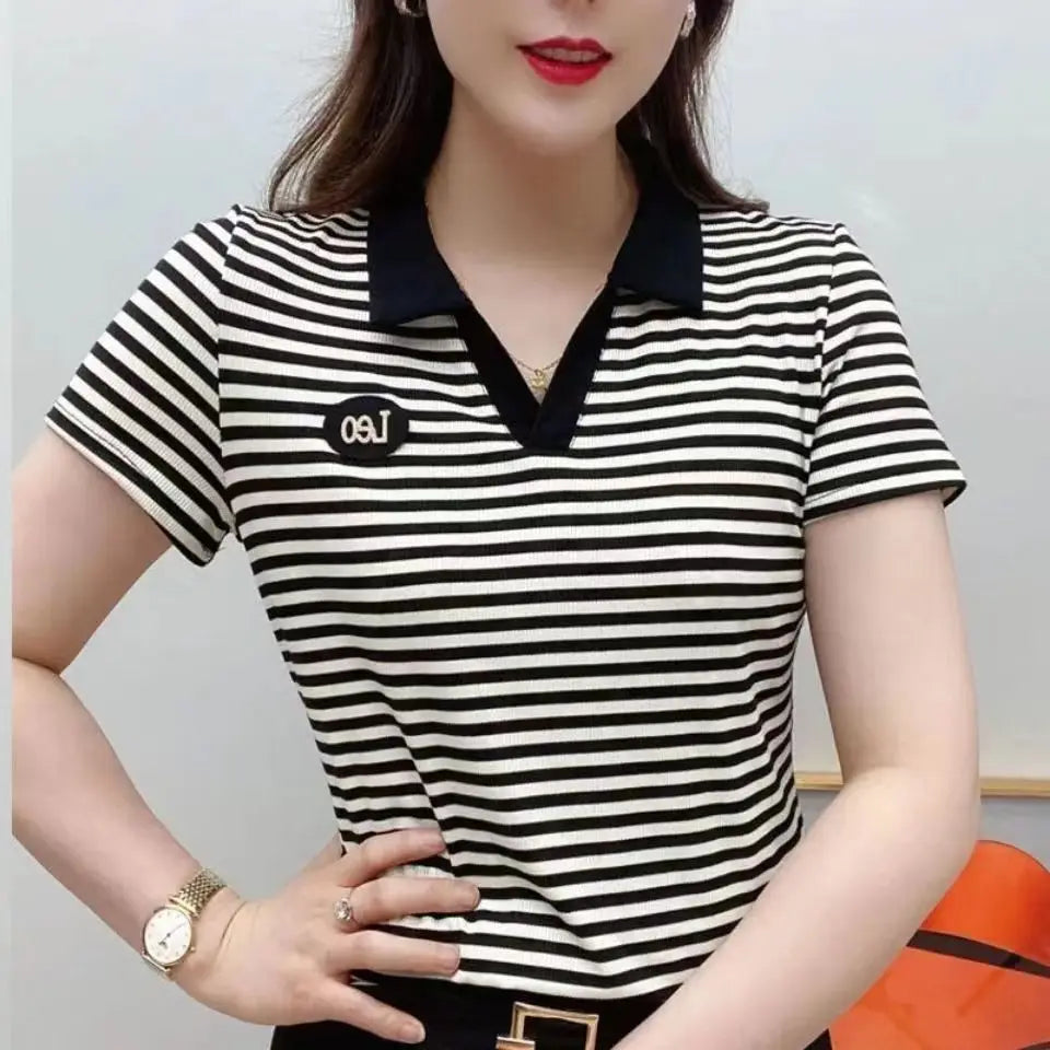 Women's T-shirt Summer Short Sleeve Lapel New Fashion Stripe V-Neck Pullover Embroidery Female Clothing Fashion Casual Tops