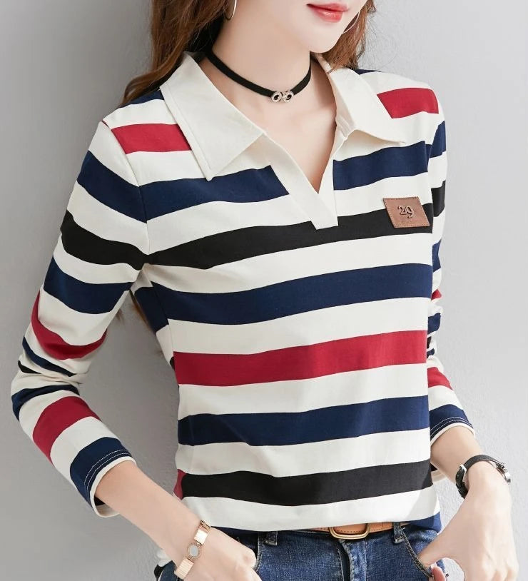 Slimming Striped Polo T-Shirt for Women 100% Cotton Long Sleeve Innerwear for 2026 Transitional Wardrobe