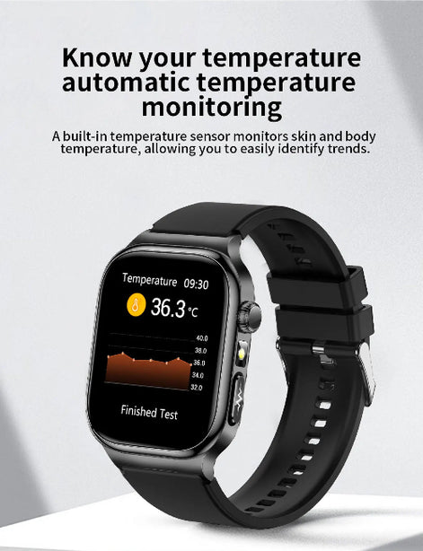 Smartwatch with temperature monitoring feature on a light gray background