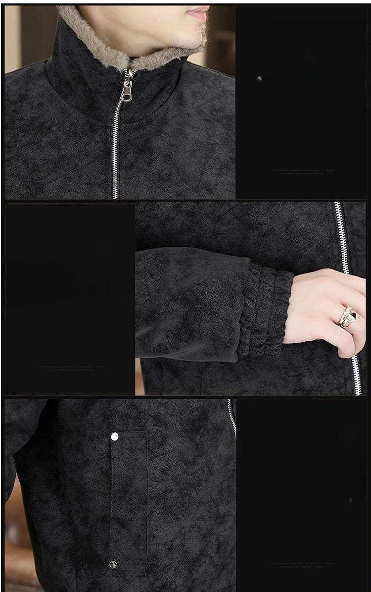 Winter Fleece and Thickened Leather Jacket for Men with A Fur Collar Warm and Casual American High-end Faux Fur One-piece Jacket