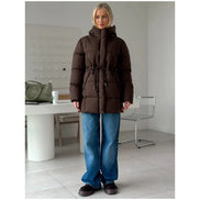 Brown Hooded Quilted Cotton Jacket Fashion Waist Cinch Drawstring Zip Pocket Warm Coat 2026 Women's Winter Casual Street Outfit