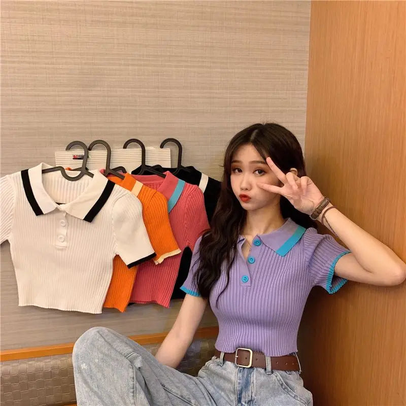 Women's Polo Shirts Sexy Crop Top Button Female Tee Knitted Slim with T-shirts Collar Korean Clothing Pulovers Trend 2025 Summer