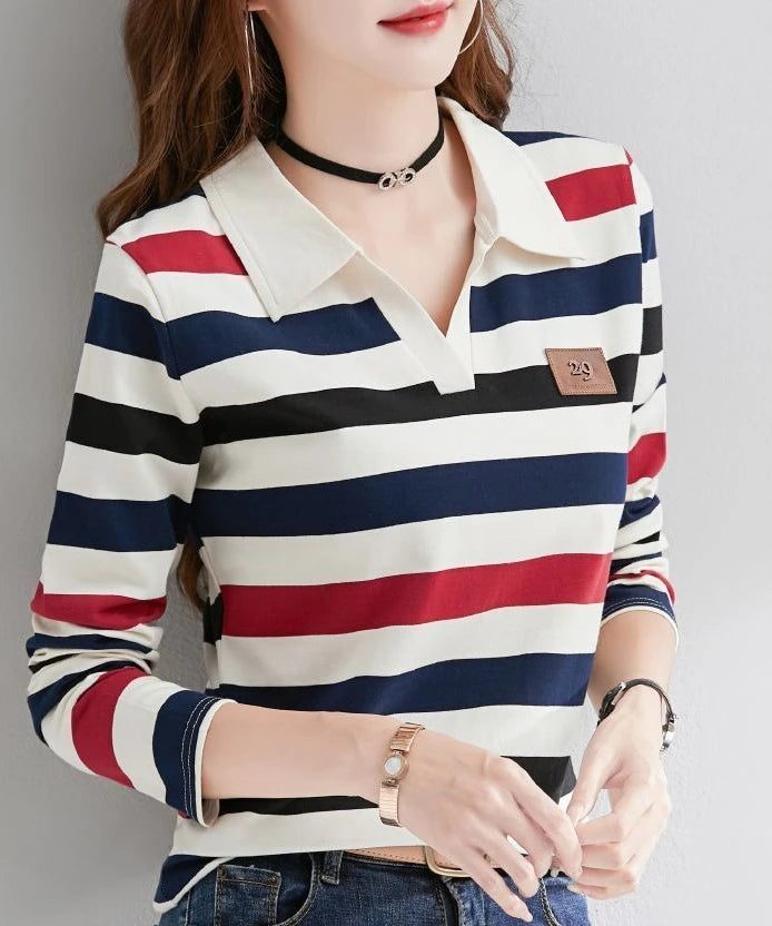 Slimming Striped Polo T-Shirt for Women 100% Cotton Long Sleeve Innerwear for 2026 Transitional Wardrobe