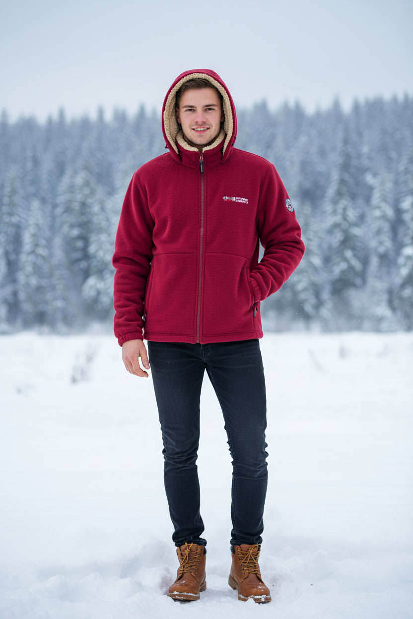 Red fleece jacket with brand logo on a gray background