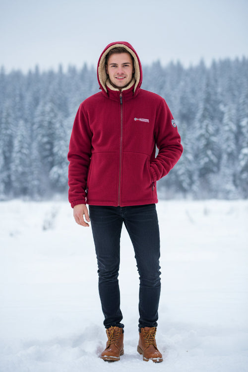 Red fleece jacket with brand logo on a gray background