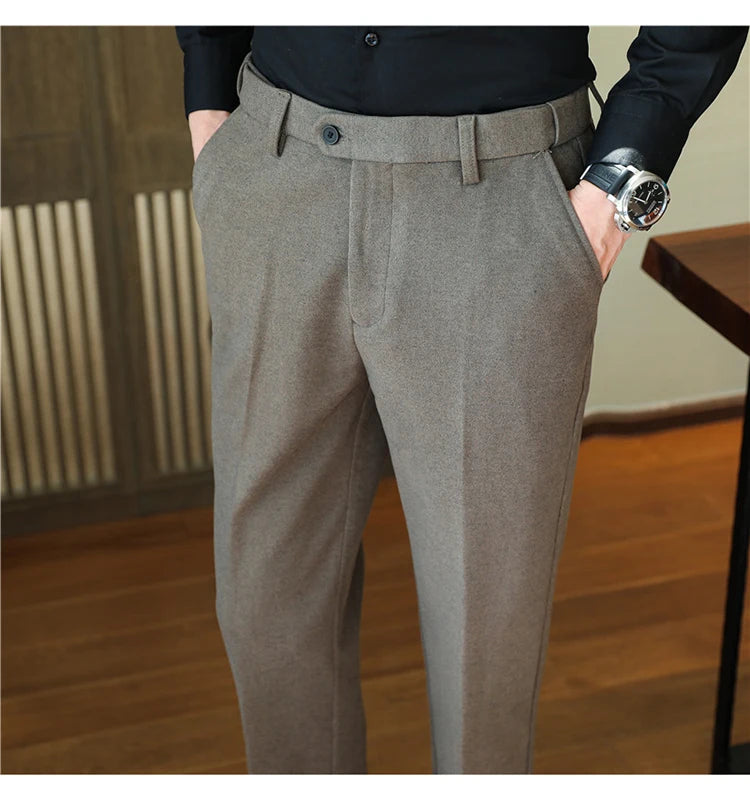 2025 Autumn and Winter Coffee Stretchable Waist Thickened Brushed Casual Pants for Men,multi-color Thick Men's Woolen Suit Pants