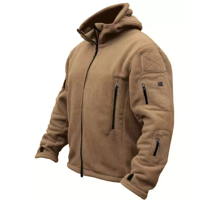 Tan tactical jacket with zippers and patches on a white background