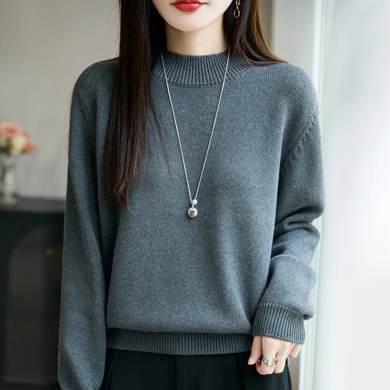 100% Pure Cotton Women's Knitted Sweater Solid Color Round Neck Pullover Loose Cotton Sweater Autumn and Winter New Women's Top