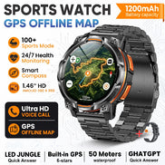 Black sports watch with a metallic link band, featuring an active display showing a GPS map. The image is a promotional graphic with text