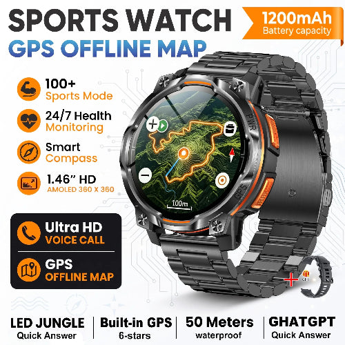 Black sports watch with a metallic link band, featuring an active display showing a GPS map. The image is a promotional graphic with text