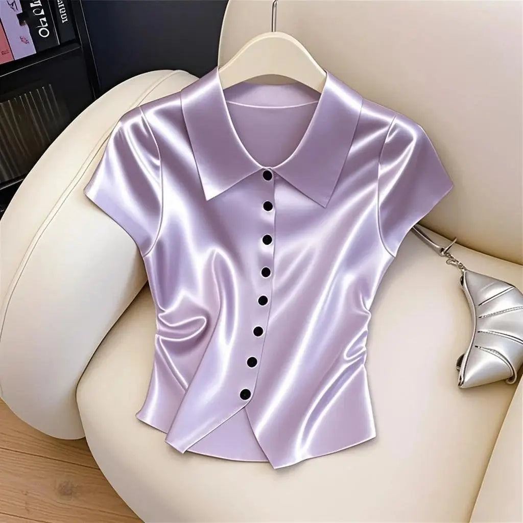 2025 Summer New Fashion Temperament Buttons Solid Color Shirts Ladies Fashion Turn-down Collar Short Sleeve Blouse Women Clothes