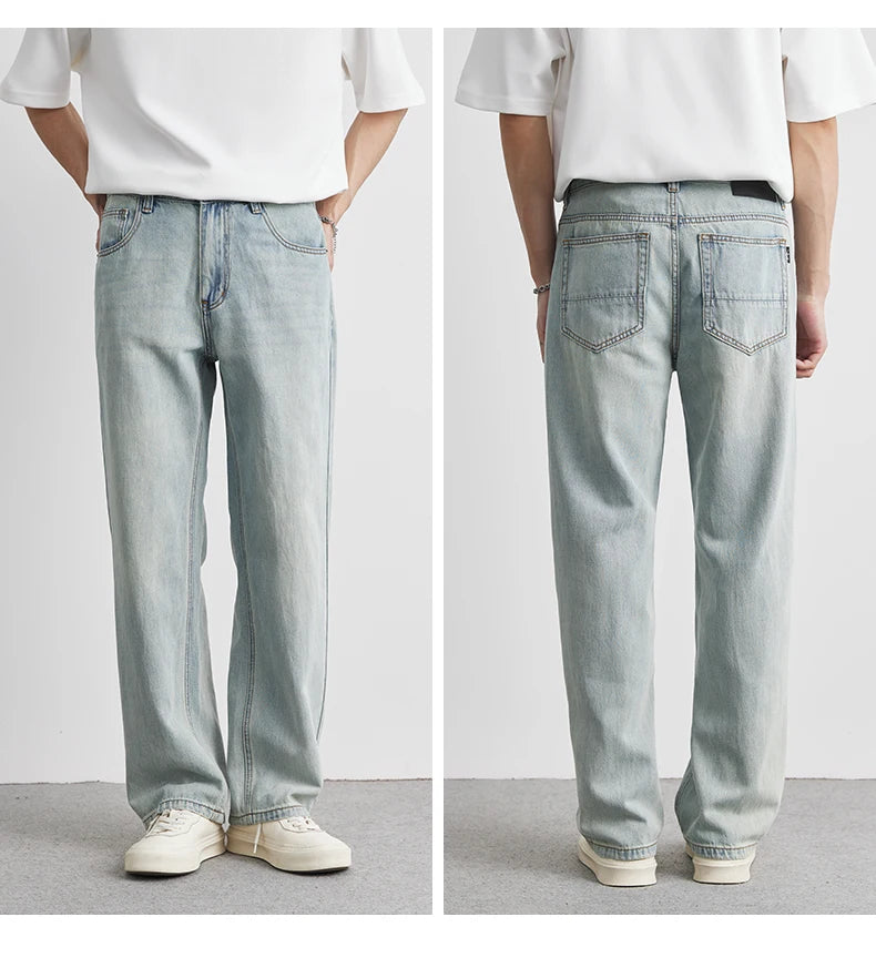Light blue jeans shown from front and back on a person against a white background