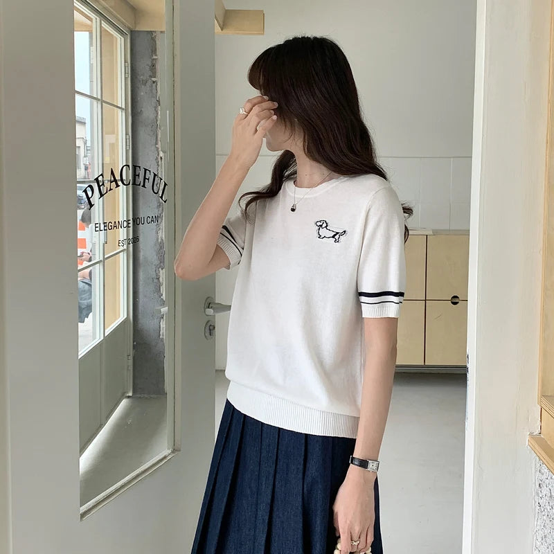 Summer 100% cotton women's T-shirt casual solid color knitted pullover short sleeved loose round neck Tees Pull embroidered Tops