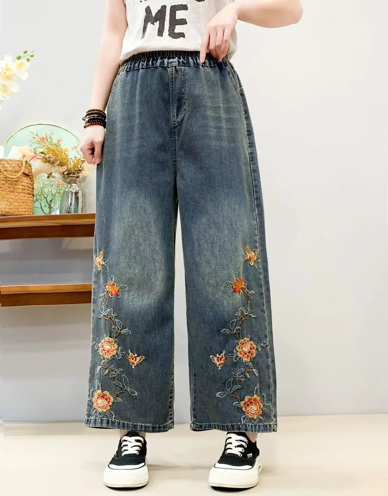 Spring Summer Ethnic Style Vintage Floral Embroidery Denim Wide Leg Pants Women High Elastic Waist Hole Casual Straight Jeans