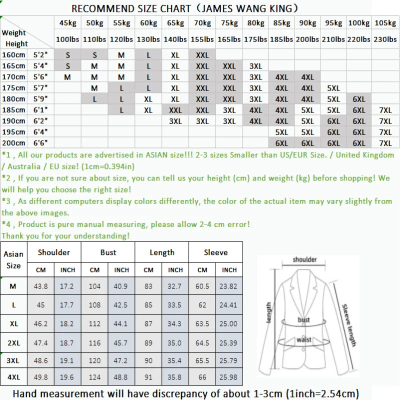 A size chart table for James Wang King, showing height and weight conversions for US sizes M through XXL, alongside a small garment measurement diagram on a white background.