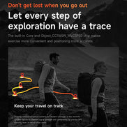 Two people with backpacks in a mountainous landscape with text about GPS tracking system.