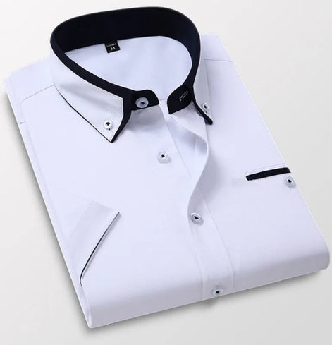 White dress shirt with black collar on a light gray background